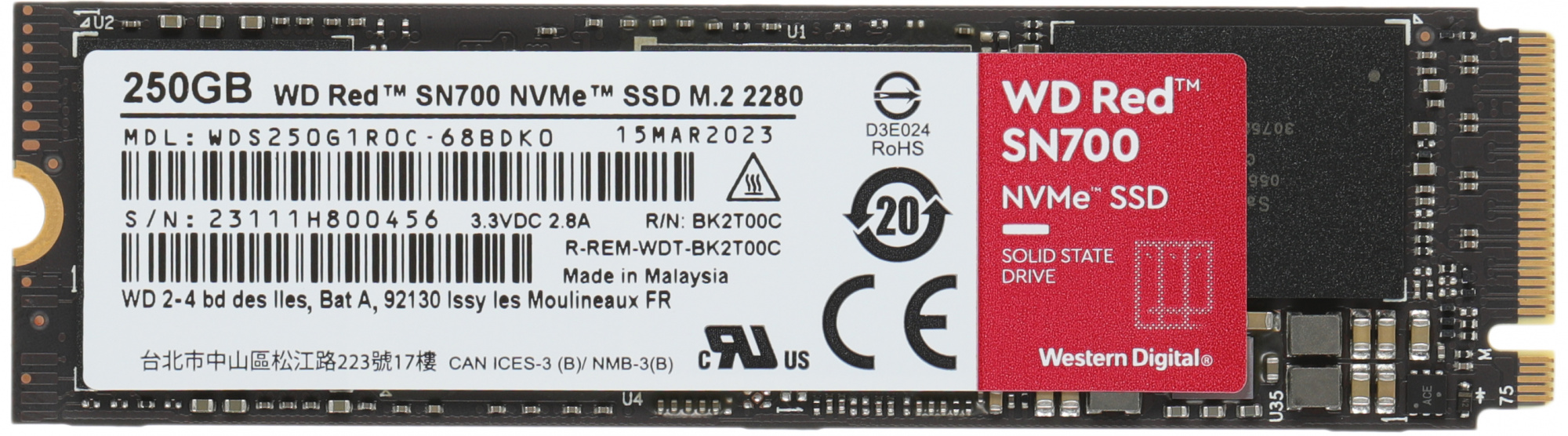 SSD ���������� WD Red SN700 WDS250G1R0C 250��, M.2 2280, PCIe x4,  NVMe,  M.2 [WDS250G1R0C]