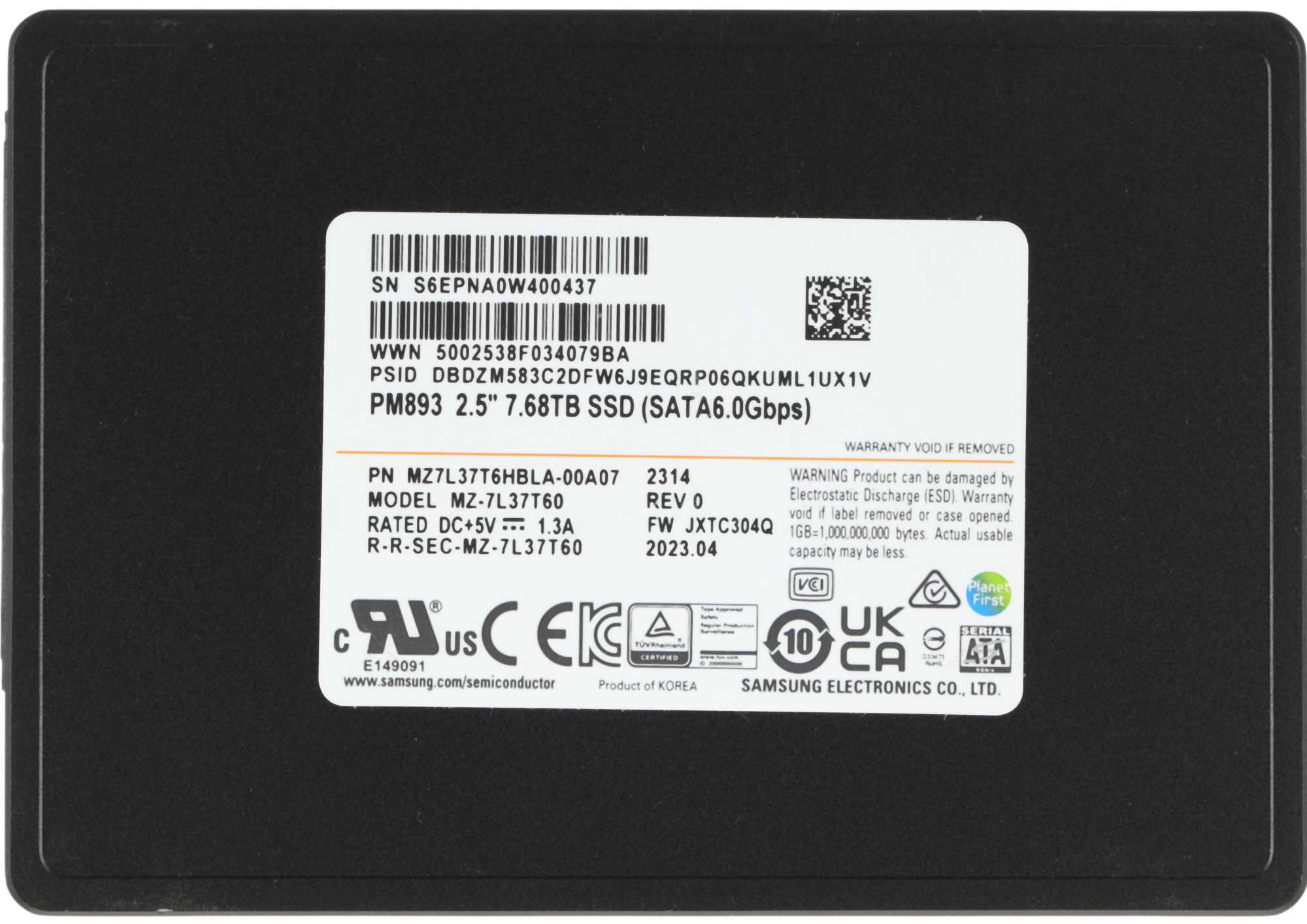 SSD Samsung PM893 Enterprise MZ7L37T6HBLA-00A07 2.5, 7680GB, 550/520 MB/s, 98k/30k IOPS, SATA 6 ��/�, 1DWPD (5Y) [MZ7L37T6HBLA-00A07]