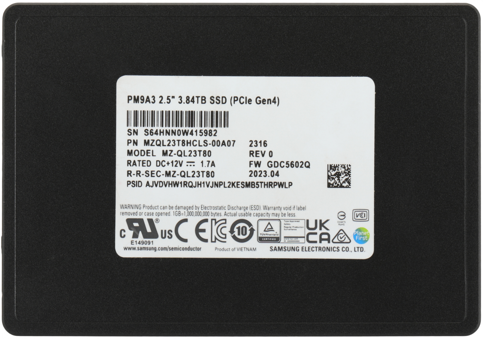 SSD   PCIE 3,84TB TLC PM9A3 MZQL23T8HCLS-00A07 SAMSUNG