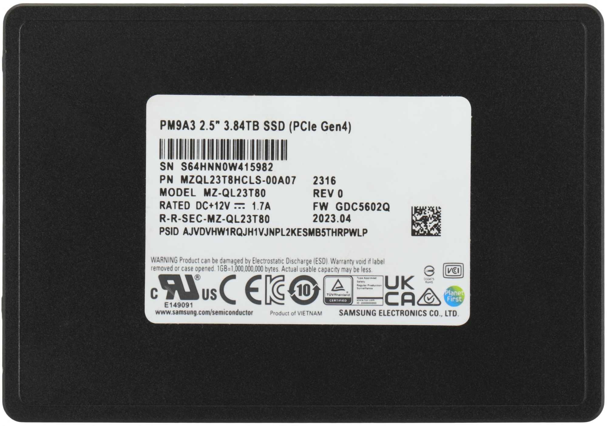 SSD   PCIE 3,84TB TLC PM9A3 MZQL23T8HCLS-00A07 SAMSUNG [MZQL23T8HCLS-00A07]