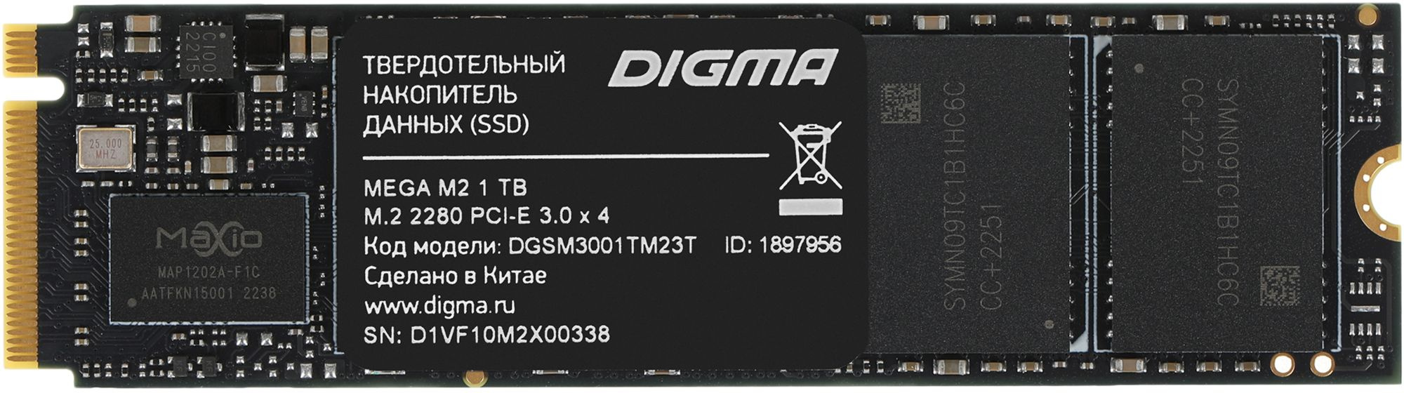 SSD  Digma Mega M2 DGSM3001TM23T 1, M.2 2280, PCIe 3.0 x4,  NVMe,  M.2,  rtl [DGSM3001TM23T]