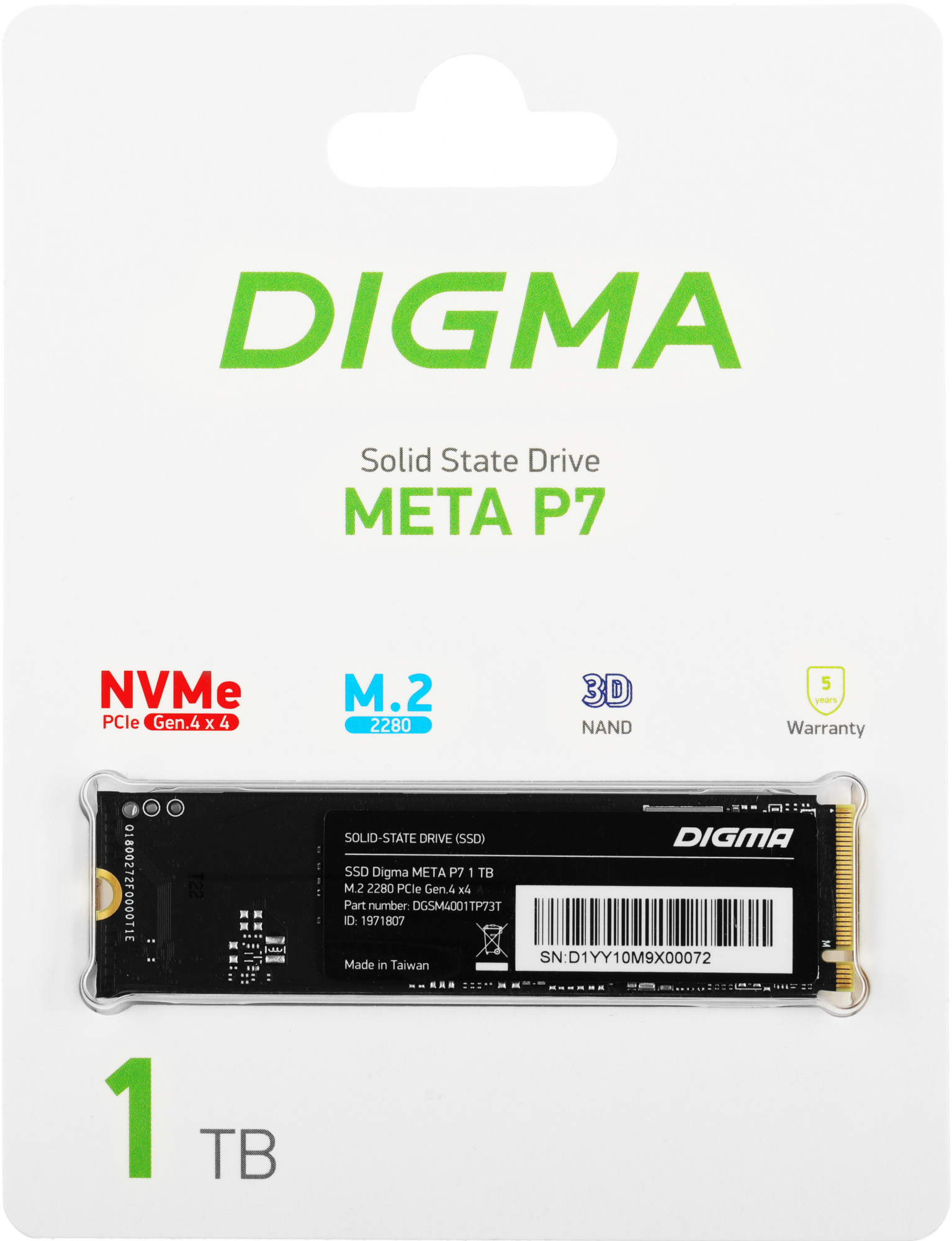 SSD  Digma Meta P7 DGSM4001TP73T 1, M.2 2280, PCIe 4.0 x4,  NVMe,  M.2,  rtl [DGSM4001TP73T]