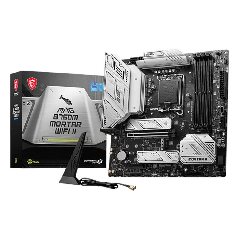   MSI MAG B760M MORTAR WIFI II mATX LGA1700 4DDR5 PCI-Ex16 PCI-Ex4 3M.2 4SATA3 USB3.2 Gen2x2 Wi-Fi 6E 2,5G Ethernet [MAG B760M MORTAR WIFI II]