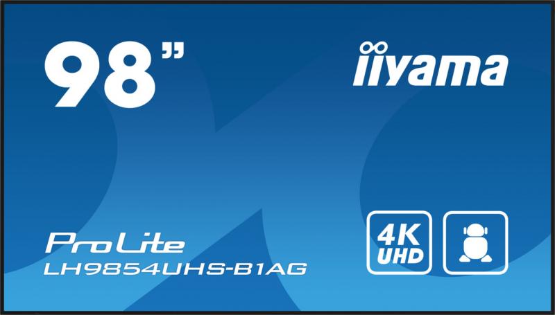   98'' IIYAMA LH9854UHS-B1AG, 16:9 3840x2160(UHD 4K) IPS, 60 Hz, 500 cd/m, H178/V178, 1200:1, 1.07B, 8ms, VGA, 3xHDMI, 2xDP, RJ-45, RS232C, MicroSD,  2xUSB Type A, Speakers, OPS Slot, Android 11, 24/7, 3Y, Black [LH9854UHS-B1AG]