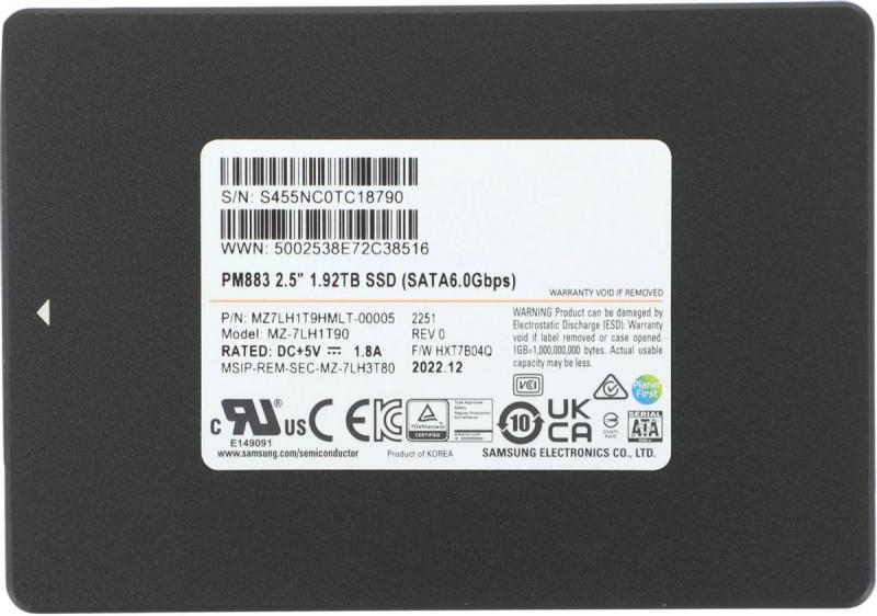 SSD Samsung 1920Gb PM883 MZ7LH1T9HMLT-00005 1.92, 2.5, SATA III, SATA, oem [MZ7LH1T9HMLT-00005]