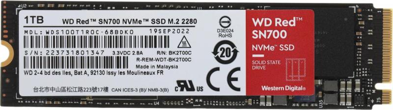 SSD  WD Red SN700, 1,0TB, NVMe for NAS, [WDS100T1R0C] M,2(22x80mm), NVMe, PCIe 3,0 x4, R/W 3430/3000MB/s, IOPs 515 000/560 000, TBW 2000, DWPD 1 (12 ,)