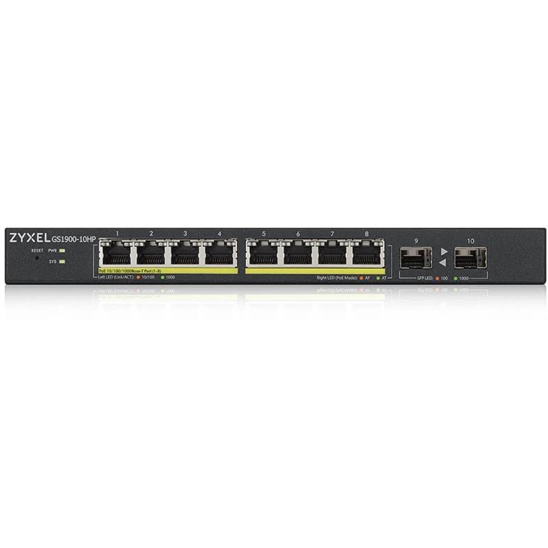 ���������� ZyXEL GS1900-10HP-EU0102F Smart L2 PoE+ Switch, 8xGE PoE+, 2xSFP, Desktop, Silent, Budget PoE 77W